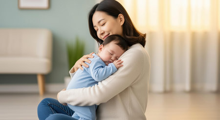 happy asian mother hugging her newborn baby at home, focus on infantの素材