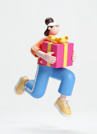 3d illustration of a girl running with a gift box in her handsの素材