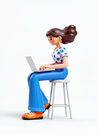 3d illustration of pin up girl working on laptop. White background.の素材