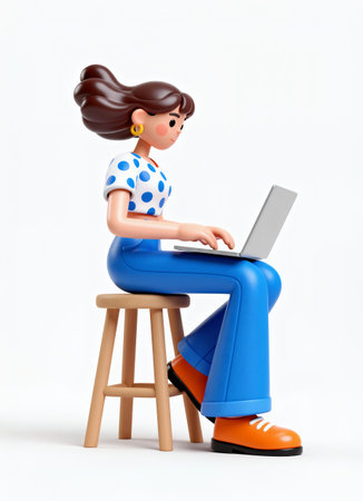 3d illustration of young woman sitting on chair and working on laptopの素材