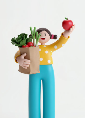 Paper doll holding a bag of fresh vegetables and red apple on white backgroundの素材