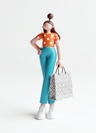 3d illustration of woman in polka dot dress with shopping bagsの素材