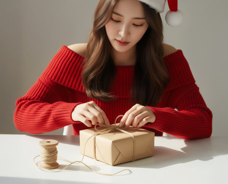 beautiful young asian woman in red sweater with christmas gift boxの素材