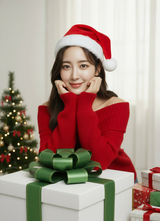 Young woman in Santa hat with gift box and Christmas tree on backgroundの素材