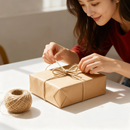 Cropped image of a young woman packing a gift box in craft paper.の素材