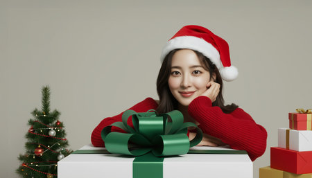 Beautiful asian woman wearing santa hat with christmas gift boxの素材