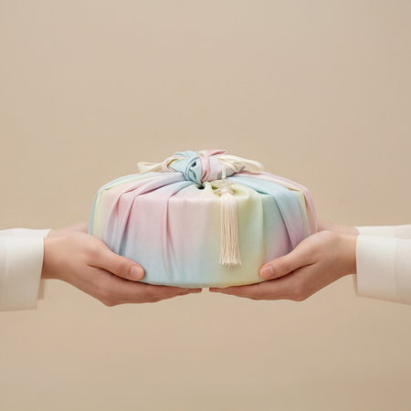 Two hands holding a gift box with a ribbon on a beige backgroundの素材