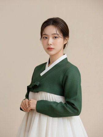 Portrait of a beautiful young Asian woman in green dress.の素材