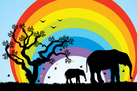 tree, elephants and rainbow illustrationのイラスト素材