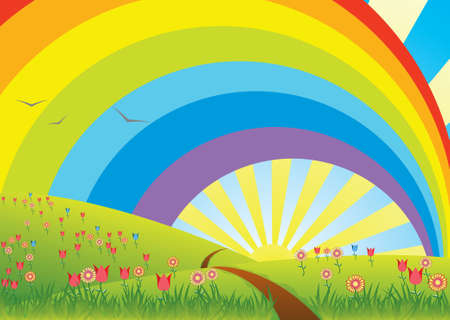 vector rural landscape with rainbowのイラスト素材