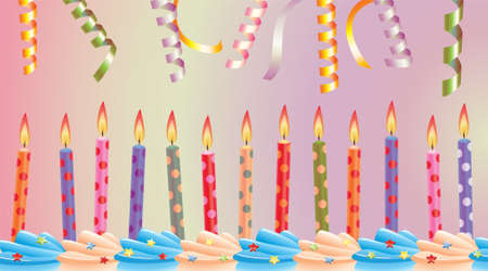 row of birthday candles on cake and streamersのイラスト素材