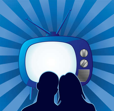  couple watching retro tv set のイラスト素材