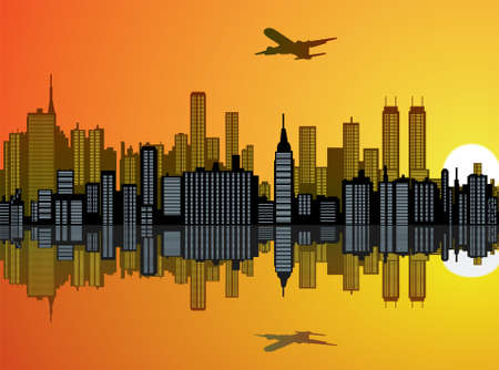 city background with reflection in waterのイラスト素材