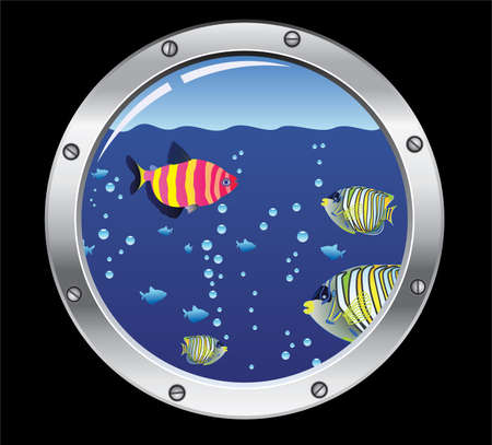 porthole and colorful fishesのイラスト素材