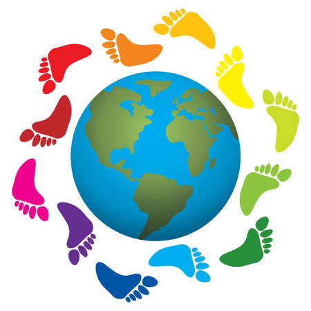   illustration of foot prints around the earthのイラスト素材