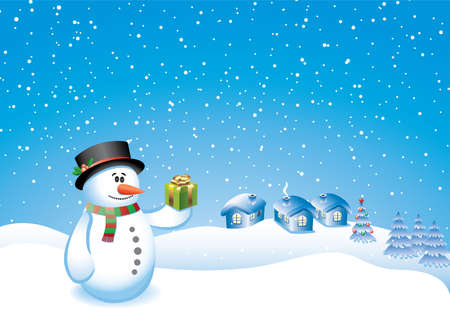 vector design with snowman, gift, village and decorated treeのイラスト素材