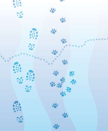 illustration of foot prints of man, dog and a bird on the snowのイラスト素材