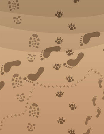 foot prints of men, child, dog and a bird on sandのイラスト素材