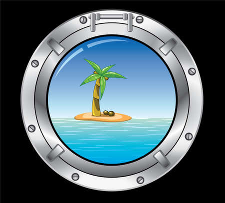 travel concept of metal porthole and palm tree on the islandのイラスト素材