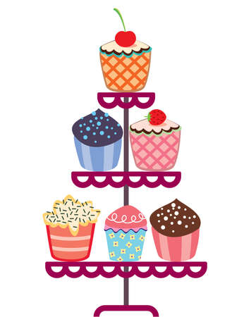 vector set of fruit and chocolate cupcakes on a stand のイラスト素材