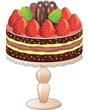 vector cake on a stand with strawberry and chocolateのイラスト素材