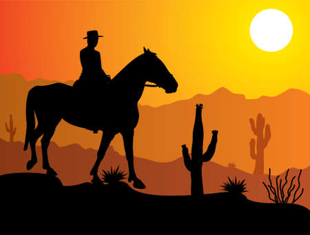 vector man on the horse in desert at sunrise or sunset のイラスト素材