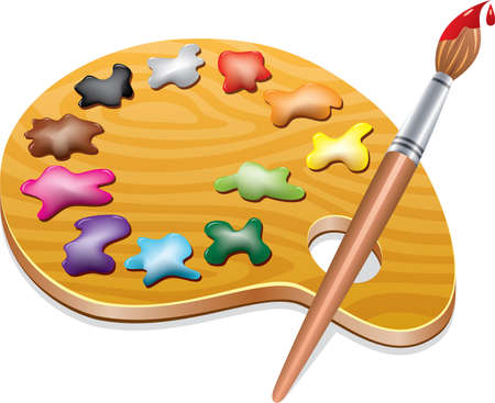 Wooden art palette with blobs of paint and a brushのイラスト素材