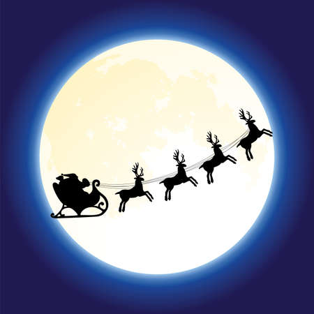 vector christmas holiday background with santa claus and deers flying in front of the moonのイラスト素材