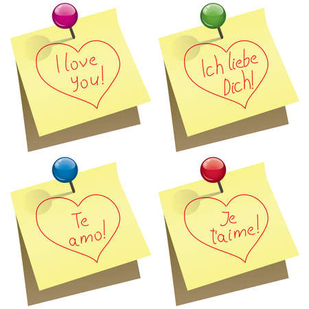 vector yellow paper notes with push pin and I love you words in english, german, spanish and french のイラスト素材