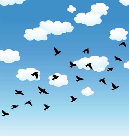 vector flock of flying birds and clouds in the skyのイラスト素材