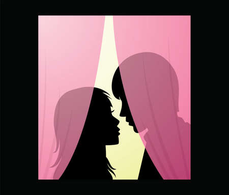 vector silhouette of young man and woman behind a curtainのイラスト素材