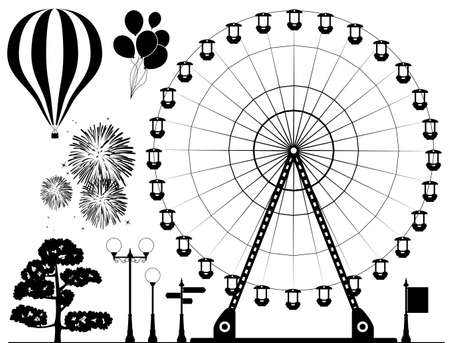 black and white elements of amusement park - ferris wheel, hot air balloons, fireworks, lamps, tree and road signsのイラスト素材