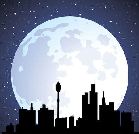 vector town background with building silhouettes and moon のイラスト素材