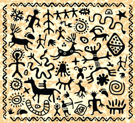 vector ancient cave petroglyphs patternのイラスト素材