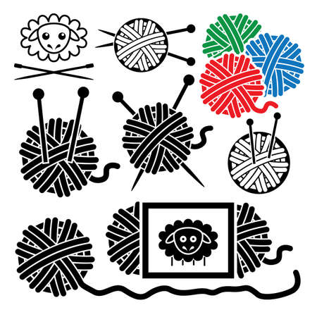 vector icons of yarn balls with sewing equipment needles and sheep symbolのイラスト素材