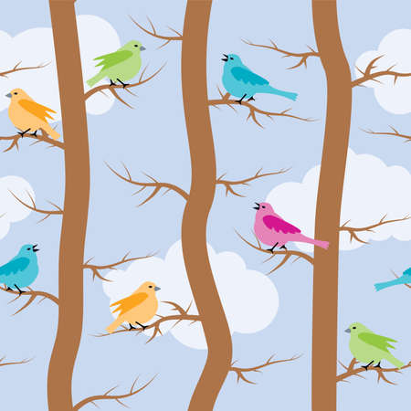 vector seamless repeating pattern with birds and treesのイラスト素材