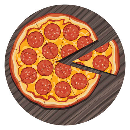 vector illustration of italian pizza with a slice on wooden boardのイラスト素材