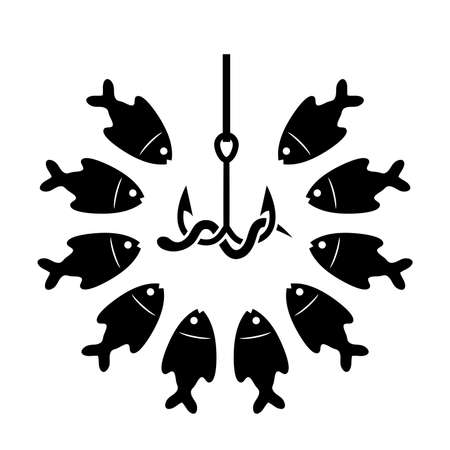 black and white fishing icon with hook, bait and hungry fishesのイラスト素材