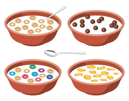 vector set of bowls with breakfast cereal in milk