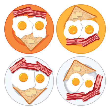 vector set of plates with fried eggs, bacon, bread and butterのイラスト素材