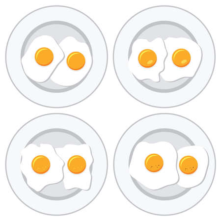 vector set of delicious fried eggs on plates for breakfastのイラスト素材