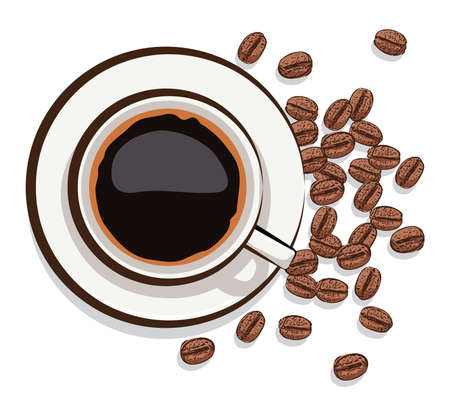 vector cup of black coffee and scattered coffee beans on white backgroundのイラスト素材