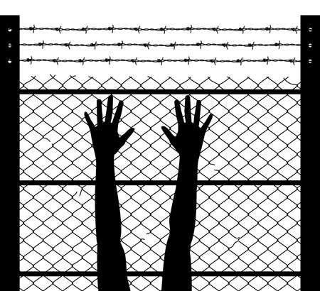 vector black and white illustration of woman raised hands and barbed wire prison boundaryのイラスト素材