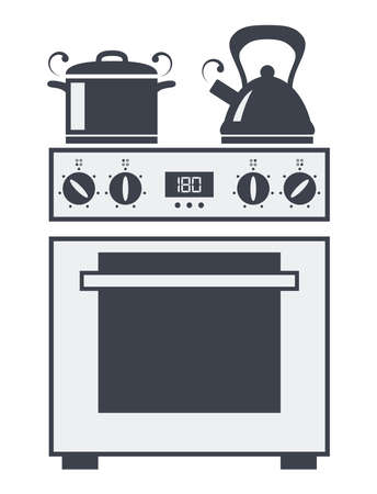 vector icon of kitchen electric oven with hot soup pan and boiling kettleのイラスト素材