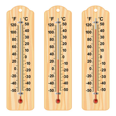 vector set of wooden thermometers at different levels with fahrenheit and celsius scaleのイラスト素材