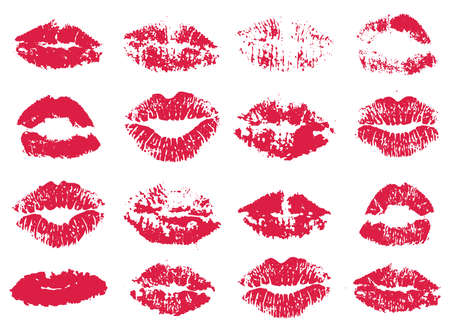 set of stylized red woman lipstick prints isolated on white backgroundのイラスト素材