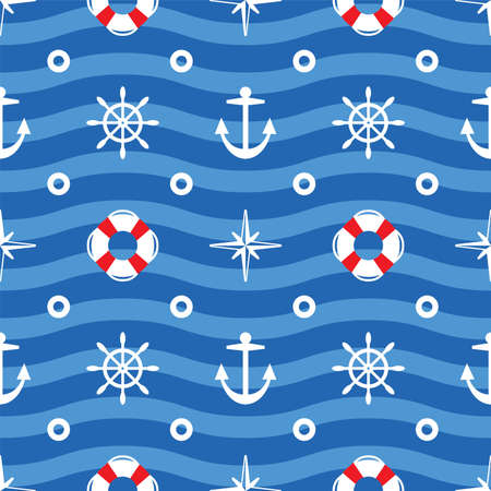 Sea pattern with compass, steering wheel, anchor and lifebuoy symbol on blue wavy layout symbolizing...
