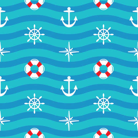 Sea pattern with compass, steering wheel, anchor and lifebuoy symbol on blue wavy layout symbolizing sea water.のイラスト素材