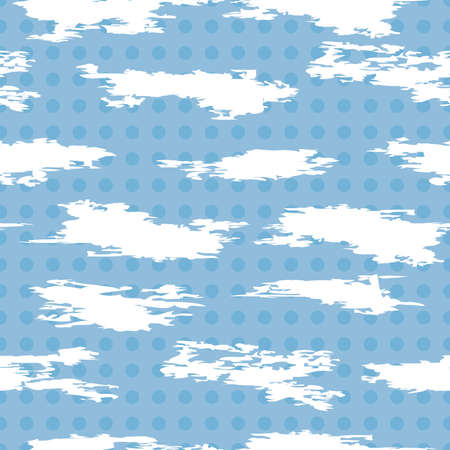 vector seamless pattern of white abstract cloudlike shapes on blue polkadot backgroundのイラスト素材