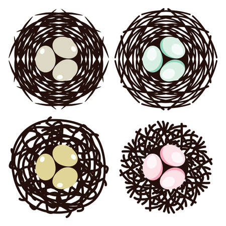 vector symbols of bird nests with eggs. family home icons isolated on white background.のイラスト素材